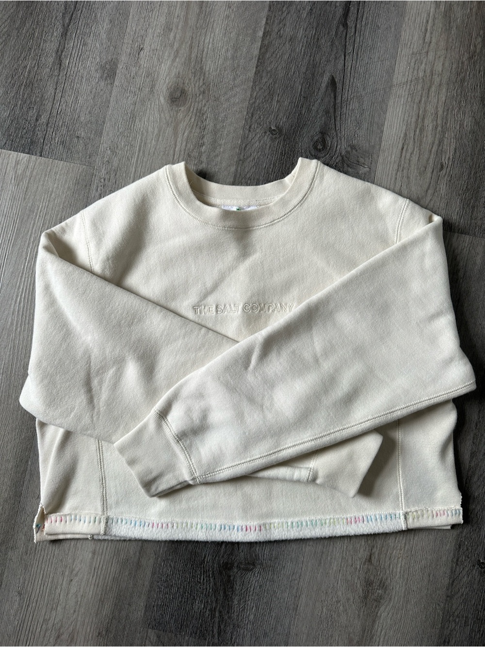 ITC Cream Cropped Cotton Crewneck With Rainbow Embroidered Hem